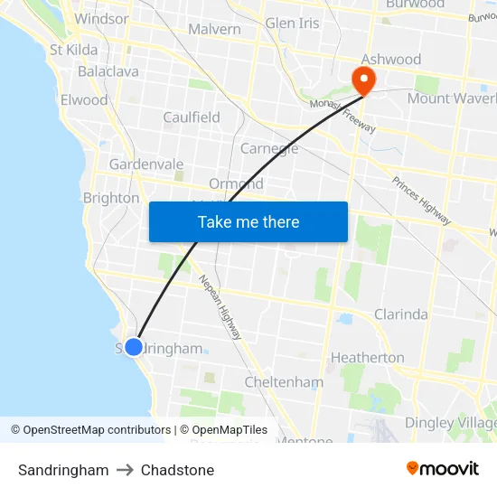 Sandringham to Chadstone map