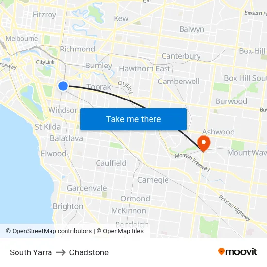 South Yarra to Chadstone map