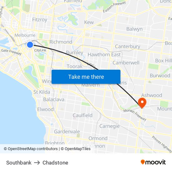 Southbank to Chadstone map