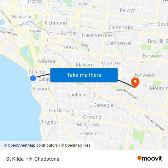 St Kilda to Chadstone map