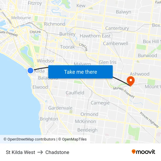 St Kilda West to Chadstone map