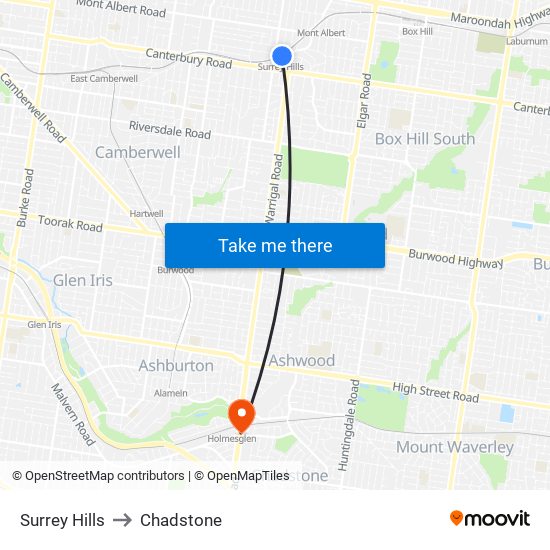 Surrey Hills to Chadstone map