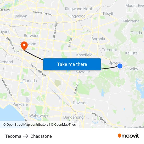 Tecoma to Chadstone map