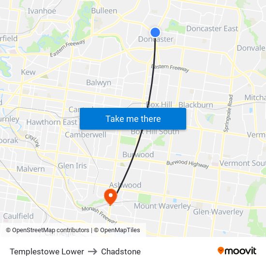 Templestowe Lower to Chadstone map