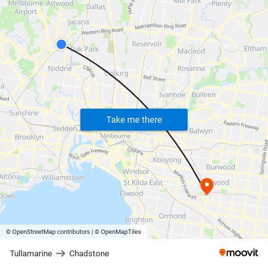 Tullamarine to Chadstone map