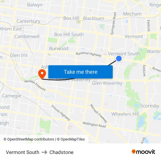 Vermont South to Chadstone map