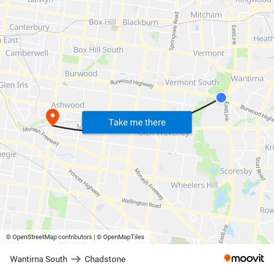 Wantirna South to Chadstone map
