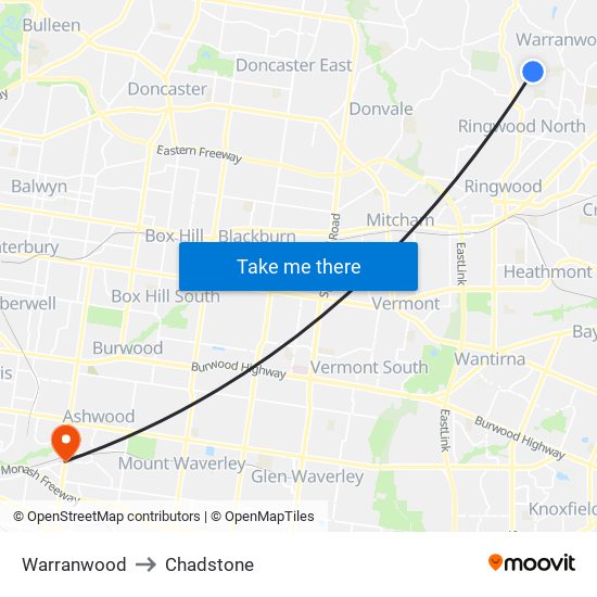 Warranwood to Chadstone map