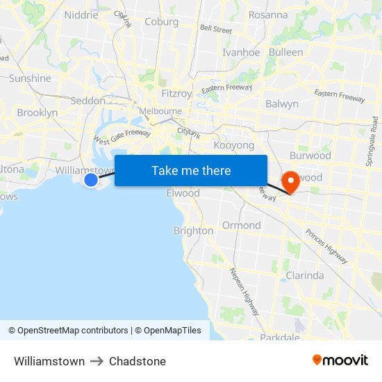 Williamstown to Chadstone map