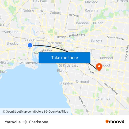 Yarraville to Chadstone map