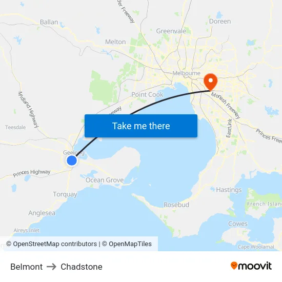 Belmont to Chadstone map