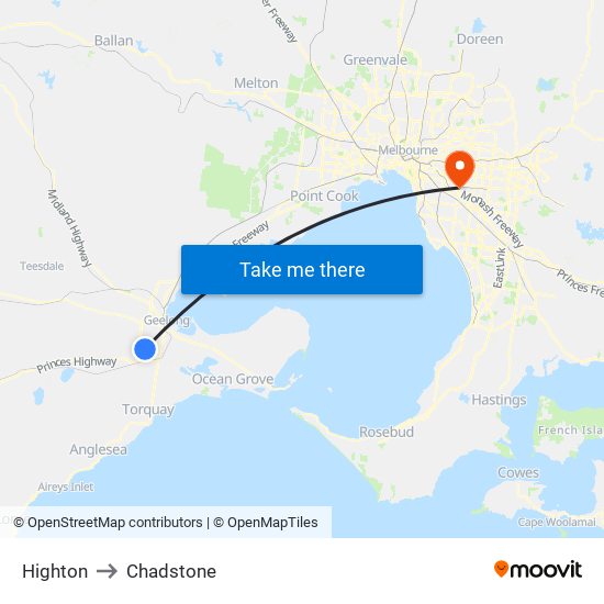 Highton to Chadstone map