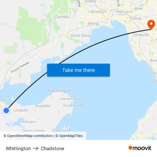 Whittington to Chadstone map