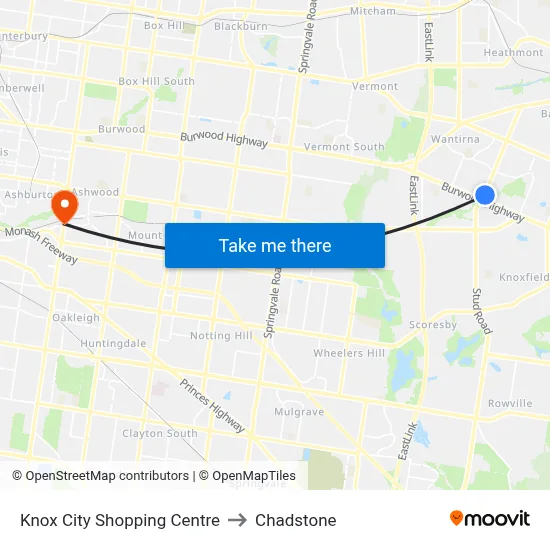 Knox City Shopping Centre to Chadstone map
