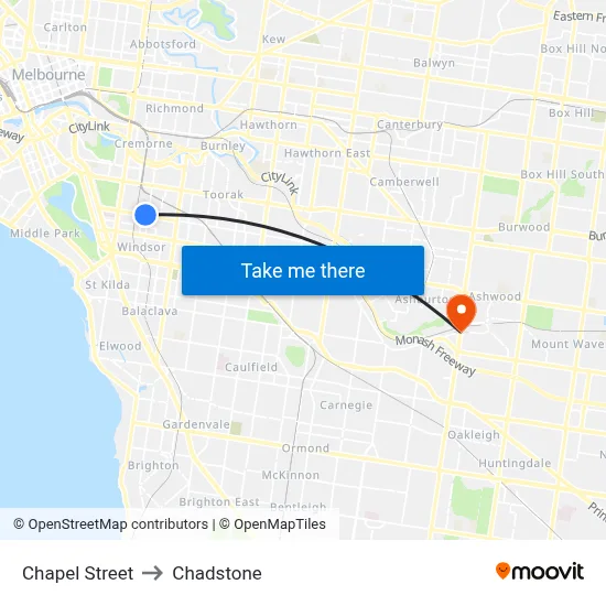 Chapel Street to Chadstone map