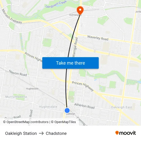 Oakleigh Station to Chadstone map