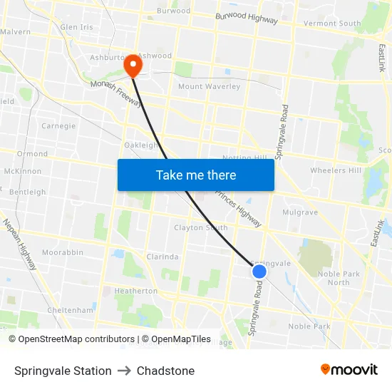 Springvale Station to Chadstone map
