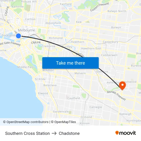 Southern Cross Station to Chadstone map