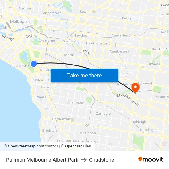 Pullman Melbourne Albert Park to Chadstone map