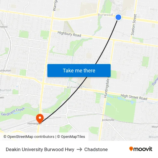 Deakin University Burwood Hwy to Chadstone map
