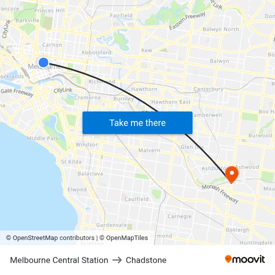 Melbourne Central Station to Chadstone map