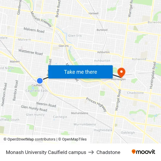 Monash University Caulfield campus to Chadstone map