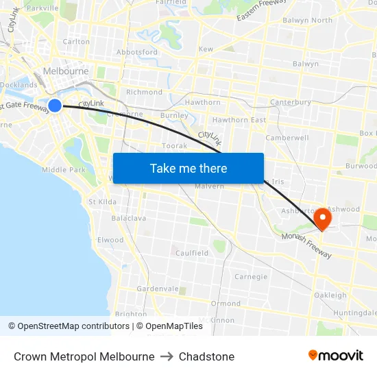 Crown Metropol Melbourne to Chadstone map