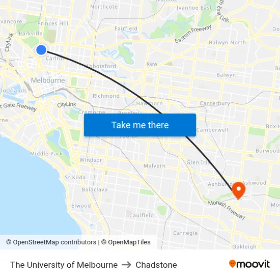 The University of Melbourne to Chadstone map