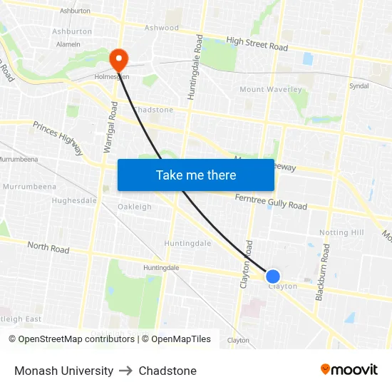 Monash University to Chadstone map