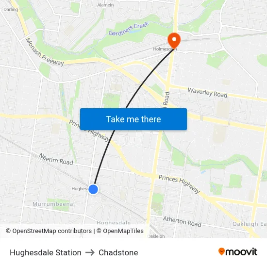 Hughesdale Station to Chadstone map