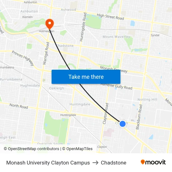 Monash University Clayton Campus to Chadstone map