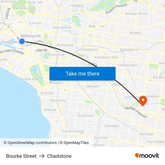 Bourke Street to Chadstone map