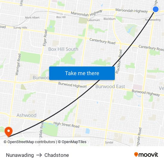 Nunawading to Chadstone map