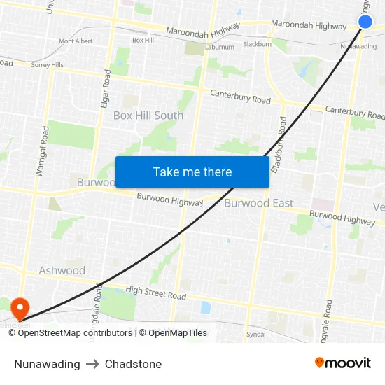 Nunawading to Chadstone map