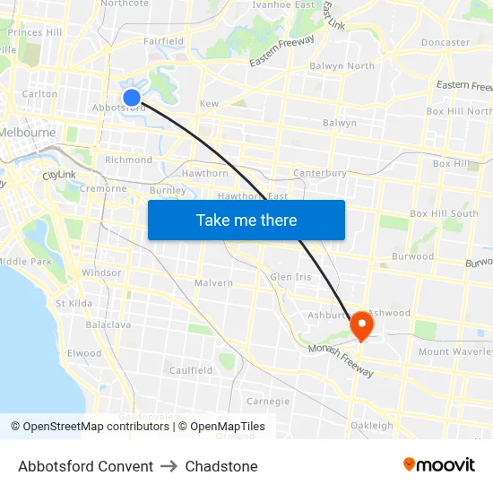 Abbotsford Convent to Chadstone map