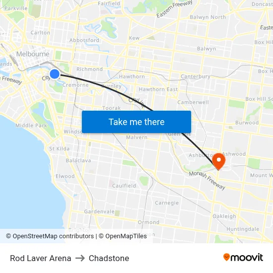 Rod Laver Arena to Chadstone map