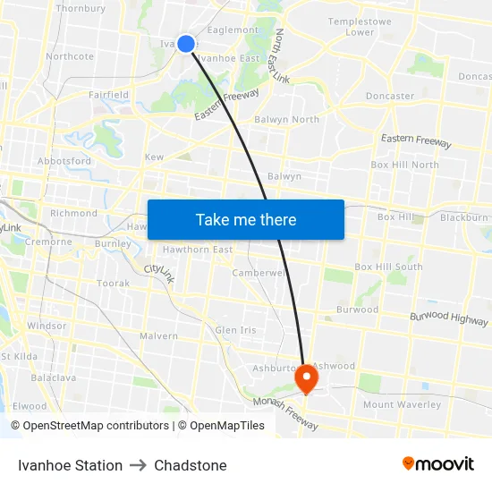 Ivanhoe Station to Chadstone map