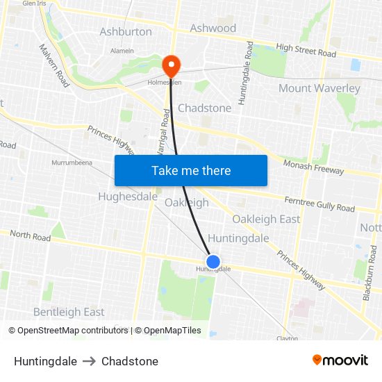 Huntingdale to Chadstone map