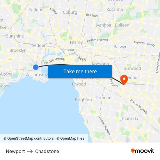 Newport to Chadstone map