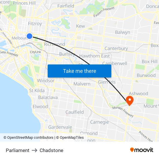 Parliament to Chadstone map