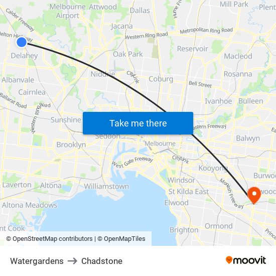 Watergardens to Chadstone map