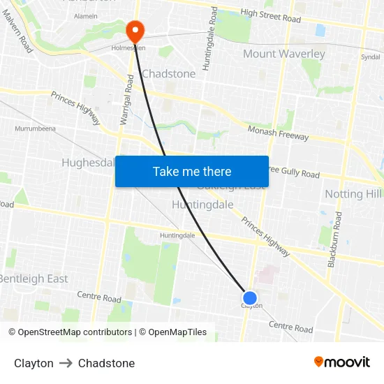 Clayton to Chadstone map