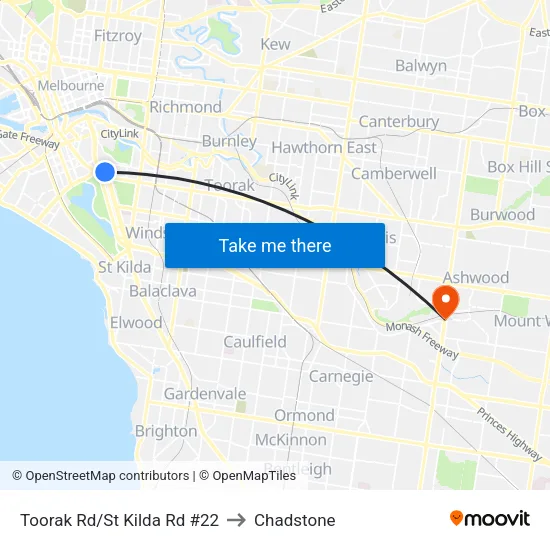 Toorak Rd/St Kilda Rd #22 to Chadstone map