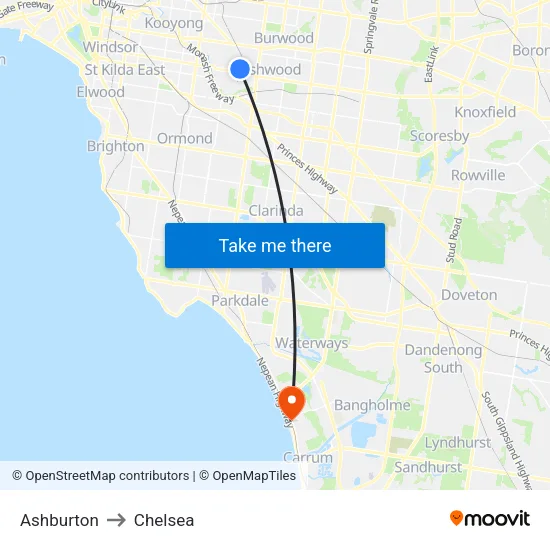 Ashburton to Chelsea map