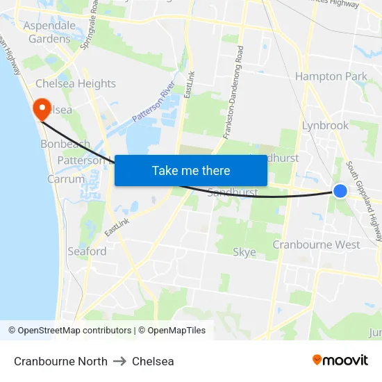 Cranbourne North to Chelsea map