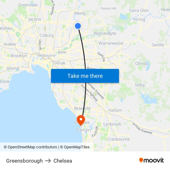 Greensborough to Chelsea map