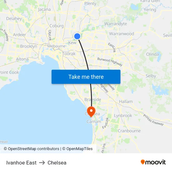 Ivanhoe East to Chelsea map