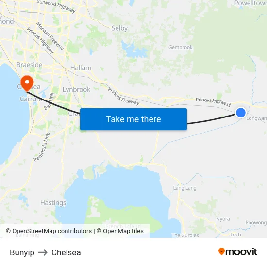 Bunyip to Chelsea map