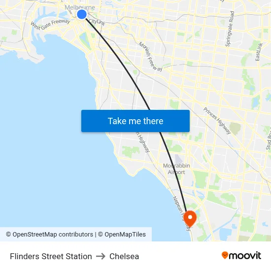 Flinders Street Station to Chelsea map