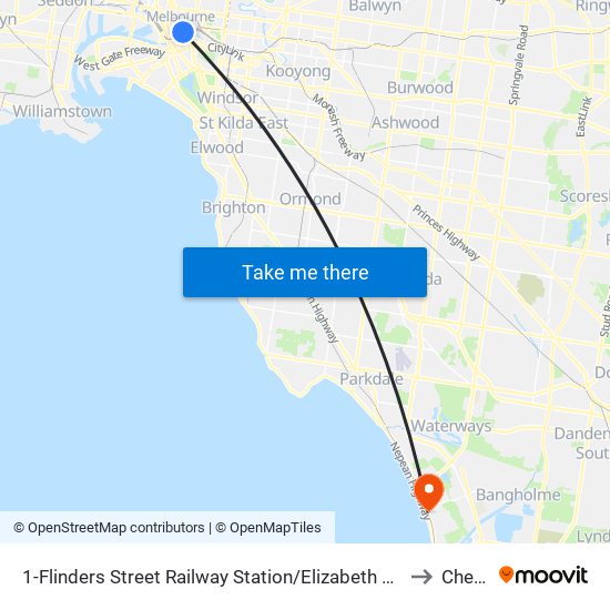 1-Flinders Street Railway Station/Elizabeth St (Melbourne City) to Chelsea map